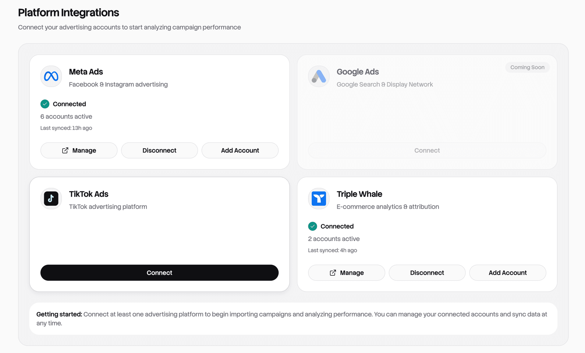 Rule1 integrations showing Meta Ads, TikTok Ads, and more
